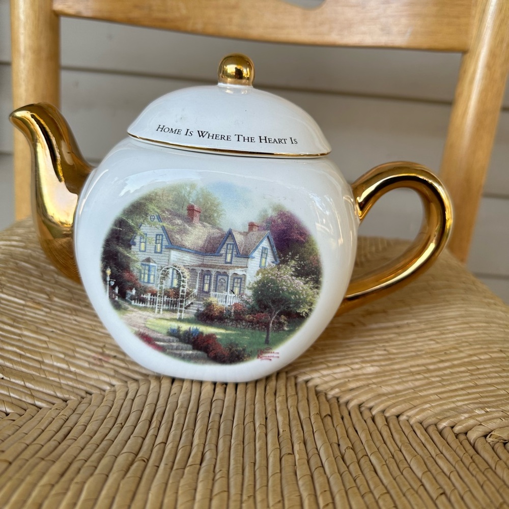 Gold and White Teapot with Thomas Kinkade Scenic Design